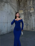 V Neck Off Shoulder Long Sleeve Mermaid Slit Glitter Formal Prom Dress Evening Gown HZ1024