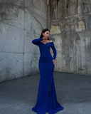 V Neck Off Shoulder Long Sleeve Mermaid Slit Glitter Formal Prom Dress Evening Gown HZ1024