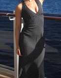 Simple Black and White Polka Dot Deep V Neck Sleeveless Mermaid Ball Gown Evening Dress HZ1024