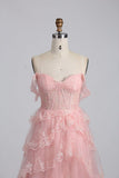 A-line pink off-the-shoulder sweetheart neckline tulle lace trim floor length formal prom dress evening gown HZ1024