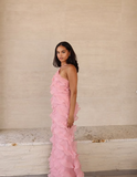 Soft Chiffon Halter Neck Off Shoulder Sleeveless Tiered Ruffle Length Ankle Ball Gown Evening Dress HZ1024
