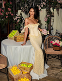 Chic Light Yellow Two-Piece Mermaid Lace Floor-Mounting Ball Gown Evening Dress HZ1024