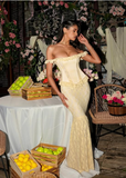 Chic Light Yellow Two-Piece Mermaid Lace Floor-Mounting Ball Gown Evening Dress HZ1024