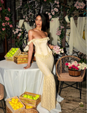 Chic Light Yellow Two-Piece Mermaid Lace Floor-Mounting Ball Gown Evening Dress HZ1024