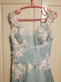Vintage Green A-line Strap Lace Beaded Tulle Train Ball Gown Evening Dress HZ1024