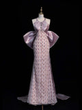 Chic Mermaid Off-shoulder Satin Bow Sequined Tulle Floor-length Ball Gown Evening Dress HZ1024