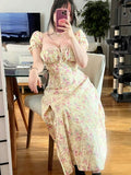 Yellow A-Line Floral Short Sleeve Slit Dress HZ1024
