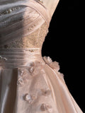 Elegant Pink A-line Strapless Pearl Tulle Floor-length Formal Prom Dress Evening Gown HZ1024