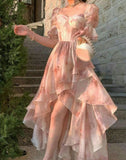 Sweet Pink A-line Short Sleeve Chiffon High-Low Ball Gown Evening Dress HZ1024