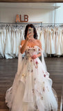 Elegant White A-line Strap Printed Tulle Wedding Dress with Train HZ1024