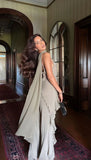 Elegant green V-neck A-line spaghetti strap ruffled chiffon bridesmaid dress evening gown HZ1024