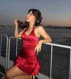 A-Line Halter V-Neck Satin Short Burgundy Birthday Party Dress Prom Dress HZ1024