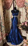 A-Line Vintage Blue Strap Satin Floor Length Prom Dress Evening Gown HZ1024