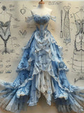 Vintage Blue Off-the-shoulder Sleeveless A-line Chiffon Long Prom Dress Evening Dress HZ1024