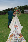 Elegant ivory one shoulder A-line printed trailing wedding dress HZ1024