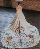 Elegant ivory one shoulder A-line printed trailing wedding dress HZ1024