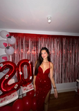 Shiny Spaghetti Strap Sleeveless Sequin Slit Long Prom Dress Evening Dress HZ1024