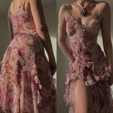 Vintage Strapless V-Neck Printed Chiffon Sleeveless A-Line Prom Dress Evening Dress HZ1024