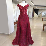Sexy Red Off Shoulder V Neck Beaded Mermaid Long Ball Gown Evening Dress HZ1024