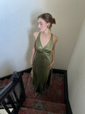 Halterneck Elegant Green Backless Satin A-Line Prom Dress Evening Gown HZ1024