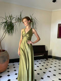 Halterneck Elegant Green Backless Satin A-Line Prom Dress Evening Gown HZ1024