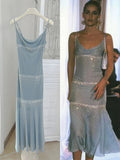 Spaghetti Strap Sleeveless Simple Blue Sequin Mermaid Prom Dress Evening Dress HZ1024