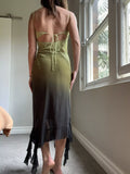 Gradient Green Spaghetti Strap Chiffon Sleeveless Ruffle Ankle Length Ball Gown Evening Dress HZ1024