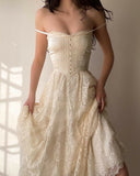 Vintage Ivory Spaghetti Strap Lace A-Line Prom Dress Wedding Dress HZ1024
