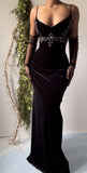 Vintage Black Velvet Spaghetti Strap Backless Mermaid Prom Dress Evening Dress HZ1024