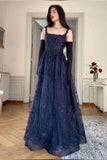 Elegant A-Line Navy Strap Lace Long Prom Dress Evening Gown HZ1024