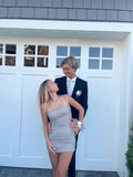 Silver Grey Strapless Shiny Bodycon Mini Party Dress Homecoming Dress HZ1024