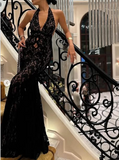 Sexy Deep V Neck White Lace Halter Backless Mermaid Prom Dress Evening Dress HZ1024