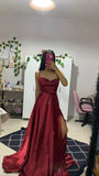 Simple Burgundy Satin Strap Slit Floor Length Prom Dress Evening Dress HZ1024