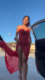 Sexy Burgundy Strapless Sweetheart Neck High Slit Bodycon Prom Dress Cocktail Dress HZ1024