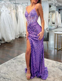 Charming Purple Spaghetti Strap V Neck High Slit Sequin Prom Dress Evening Dress HZ1024