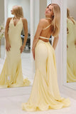 Elegant light yellow off-shoulder V-neck mermaid backless long prom dress bridesmaid dress HZ1024