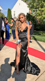 Black satin strapless slit low-cut formal prom dress evening gown HZ1024