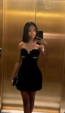 Elegant Black Velvet Strapless Mini Prom Dress Evening Dress HZ1024