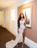 Sexy White Off Shoulder High Slit Sequined Trailing Prom Dress Evening Dress HZ1024