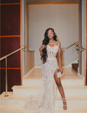 Sexy White Off Shoulder High Slit Sequined Trailing Prom Dress Evening Dress HZ1024