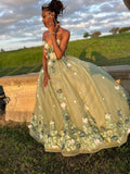 Cute Green Sleeveless 3D Flower A-Line Prom Dress Princess Dress HZ1024