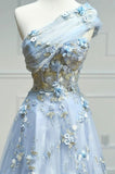 Beautiful A-line light blue strapless sweetheart neckline floral tulle long prom dress evening HZ1024
