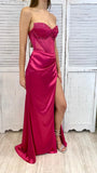 Beautiful Hot Pink Strapless Sweetheart Neck Slit Satin Floor Length Prom Dress Evening Gown HZ1024