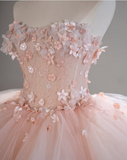 Pretty Pink Strapless A-Line 3D Flower Tulle A-Line Wedding Dress Evening Gown HZ1024