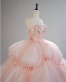 Pretty Pink Strapless A-Line 3D Flower Tulle A-Line Wedding Dress Evening Gown HZ1024