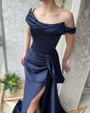 AMAZING LONG NAVY OFF-THE-SHOULDER MERMAID EVENING PARTY GOWNS LONG SLIT HZ1024