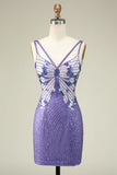 Charming Sheath Spaghetti Straps Purple Sequins Design A-line Homecoming Dress HZ1024