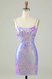 Chic Light Purple Sequin Lace-up Design A-line Spaghetti Strap Homecoming Dress HZ1024