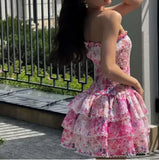 Cute Floral Strapless Design A-line Tiered Party Dress Homecoming Dress HZ1024