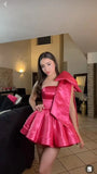 Cute Hot Pink One-shoulder Bow Design A-line Satin Mini 16th Birthday Party Dress Homecoming Dress HZ1024